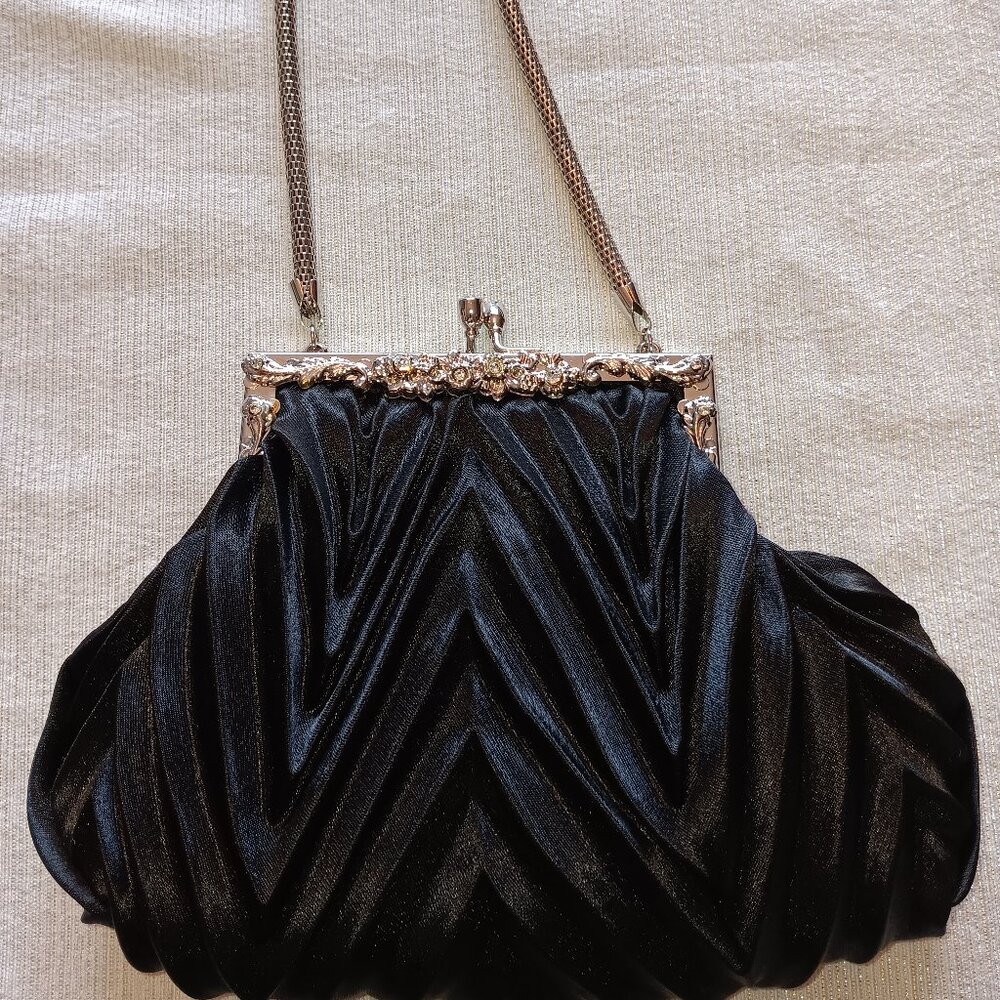 Black Satin rhinestone floral handbag silver tone hardware prom date club party